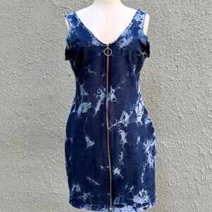 Derek Heart Blue Stretch Tie Dye Jean Dress Size M Denim Mini Bodycon Zip 90s
